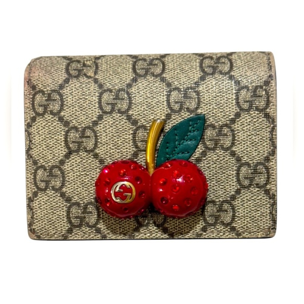 Authentic GUCCI 476050.1147 GG Supreme Cherry wallet PVC/leather MINT